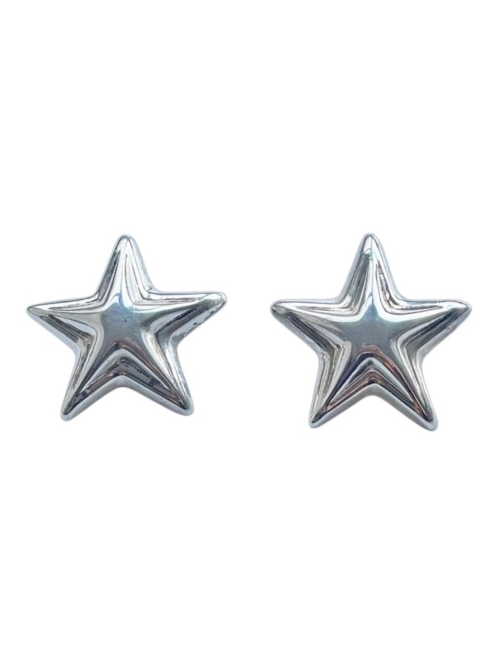 Vintage 1980s Signed TURE Sterling Silver Puffy Star Celestial Earrings